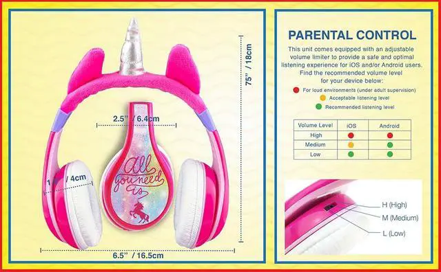Alt view image 4 of 7 - Unicorn Kids Headphones, Adjustable Headband, Stereo Sound, 3.5Mm Jack, Wired Headphones for Kids, Tangle-Free, Volume Control, Foldable, Childrens Earphones for School, Home, Travel