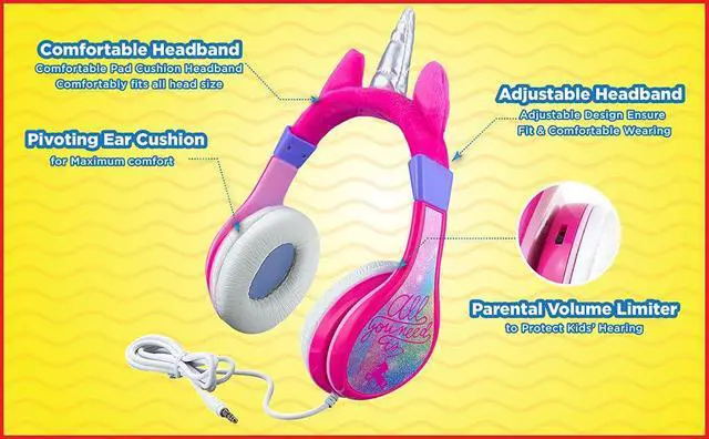 Alt view image 3 of 7 - Unicorn Kids Headphones, Adjustable Headband, Stereo Sound, 3.5Mm Jack, Wired Headphones for Kids, Tangle-Free, Volume Control, Foldable, Childrens Earphones for School, Home, Travel