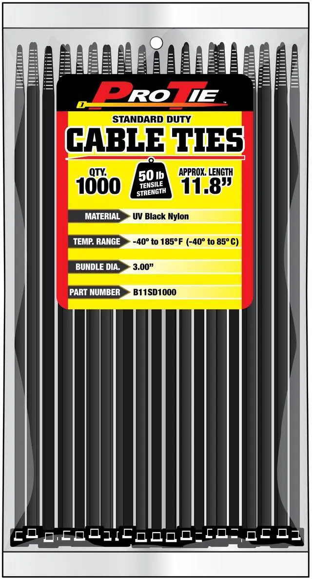 Main image of Pro Tie Standard Duty, Self-Locking UV Nylon Cable Wire Ties for Indoor and Outdoor Use | 11.8-Inch, 50 lbs. Tensile Strength, UV Black Nylon, 1000-Pack (PN: B11SD1000)