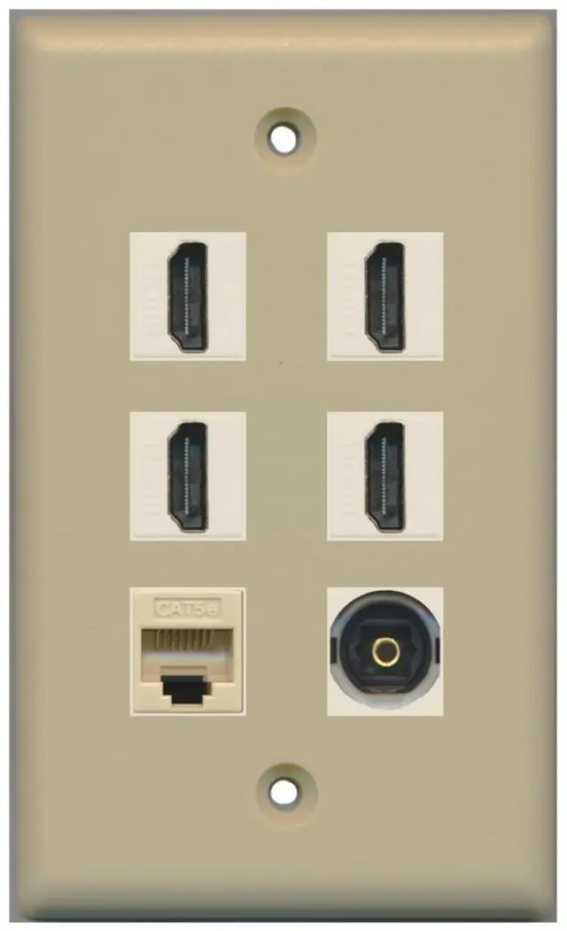 Main image of 4 HDMI and 1 - Ethernet Cat5e and 1 - Toslink Port Wall Plate White - Ivory