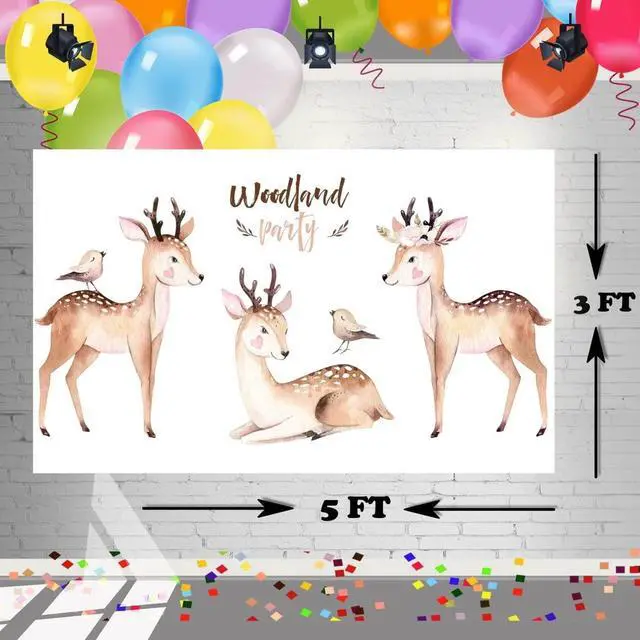 Alt view image 3 of 4 - Woodland Deer Backdrop 5x3 FT Forest Animals Party Banner for Baby Shower and Birthday Decorations