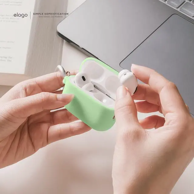 Alt view image 3 of 7 - Silicone Case for AirPods Pro 2 | Silicone Case with Keychain, Front LED Visible, Supports Wireless Charging (2022) (Pastel Green)