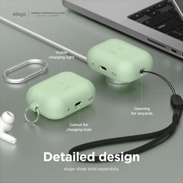 Alt view image 4 of 7 - Silicone Case for AirPods Pro 2 | Silicone Case with Keychain, Front LED Visible, Supports Wireless Charging (2022) (Pastel Green)