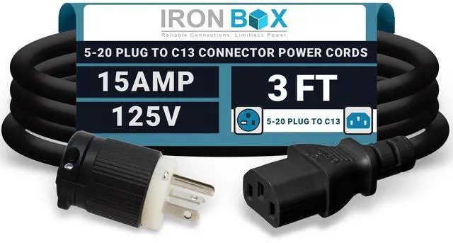 Main image of IronBox Electric NEMA 5-20 Plug to C13 Connector Power Cords, 15A, 125V, 14/3 SJT Jacket - Power Supply Replacement Cable - UL Listed Heavy Duty Cord for Computer, PDU, Monitor & More (3Ft, Build)