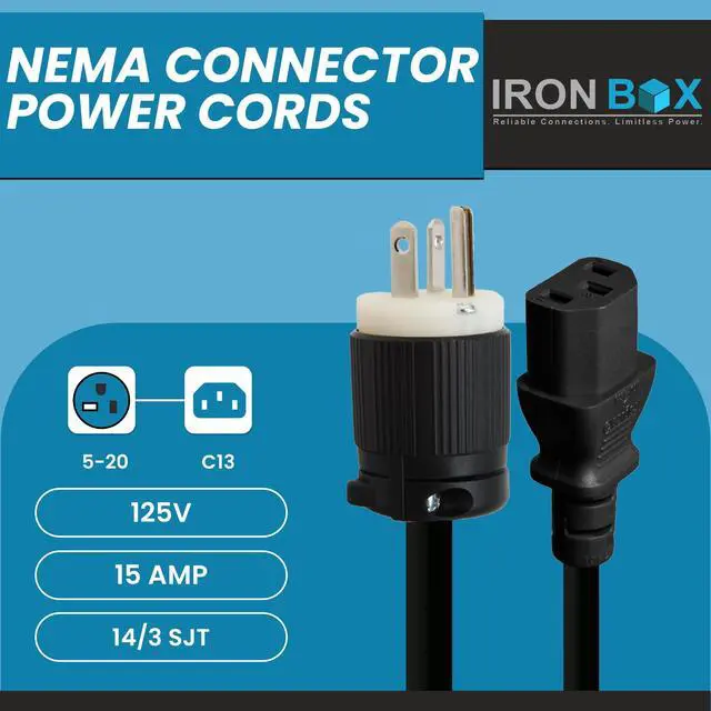 Alt view image 2 of 7 - IronBox Electric NEMA 5-20 Plug to C13 Connector Power Cords, 15A, 125V, 14/3 SJT Jacket - Power Supply Replacement Cable - UL Listed Heavy Duty Cord for Computer, PDU, Monitor & More (3Ft, Build)