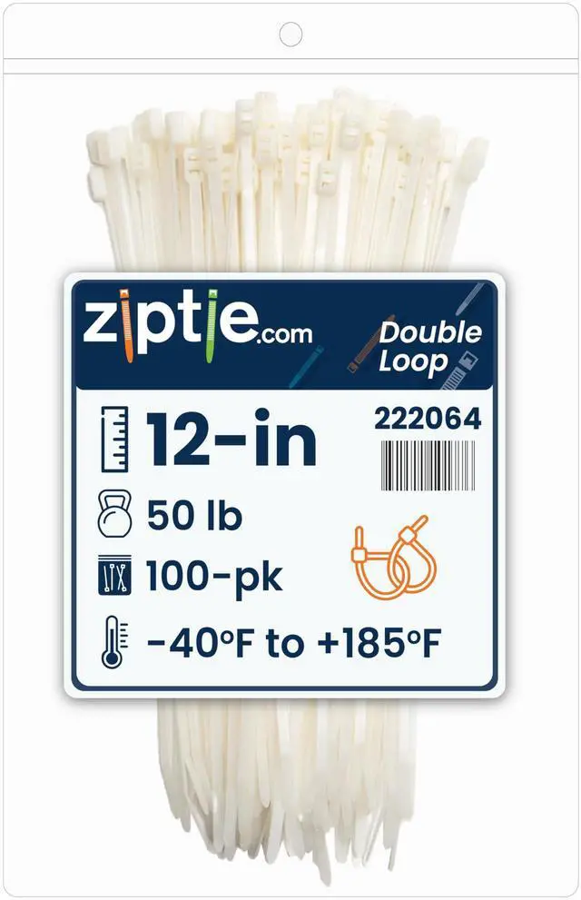 Main image of 12-inch Natural Double Loop Cable Tie, 50-lb Tensile Strength, 100-Pack
