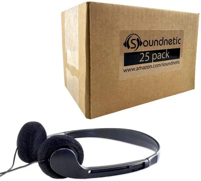 Main image of SN09 Bulk Headphones 25 Pack Disposable Stereo Classroom Headphones, Black Affordable for Schools, Testing, Libraries