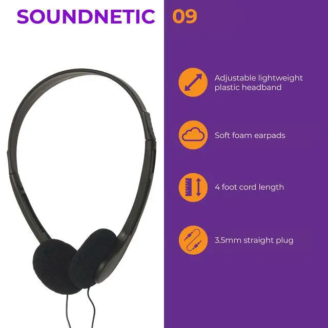 Alt view image 2 of 6 - SN09 Bulk Headphones 25 Pack Disposable Stereo Classroom Headphones, Black Affordable for Schools, Testing, Libraries