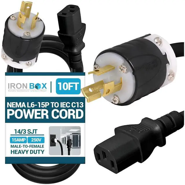 Main image of IronBox Electric NEMA L6-15P to IEC C13 Power Cord - 15A, 250V, 14/3 SJT - UL Listed Power Supply Extension Cable - Heavy Duty Plug and Connector for Computer, Data Centers, PDU and More (10ft, Build)