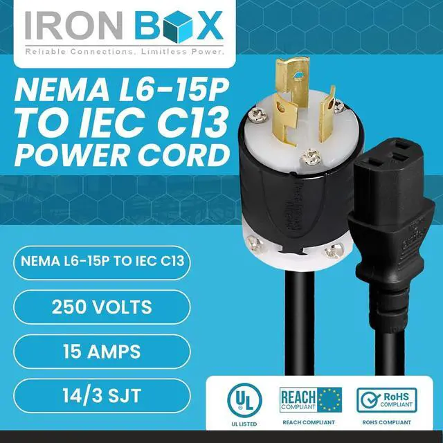 Alt view image 2 of 7 - IronBox Electric NEMA L6-15P to IEC C13 Power Cord - 15A, 250V, 14/3 SJT - UL Listed Power Supply Extension Cable - Heavy Duty Plug and Connector for Computer, Data Centers, PDU and More (10ft, Build)