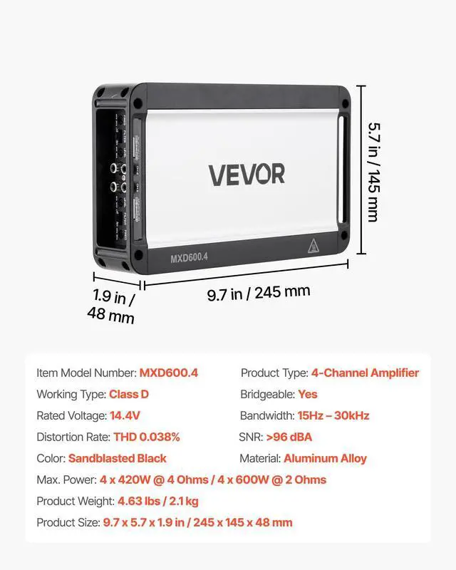 Alt view image 7 of 7 - 4 Channel Car Audio Amplifier 2 Ohm Stable Bridgeable Class D Full Range Amp Max Power 4 x 420W @ 4 Ohm / 4 x 600W @ 2 Ohm for Car SUV Truck Off-Road