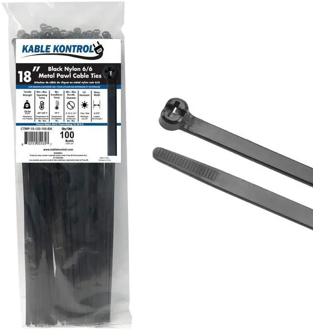 Main image of Metal Pawl Cable Ties, 18 Inch 100 Pcs, 120 Lbs Test Black | Metal Tooth, Stainless Steel Toothed Self-Locking Ties, UV Resistant Steel Barb Zip Ties for Indoor & Outdoor Use