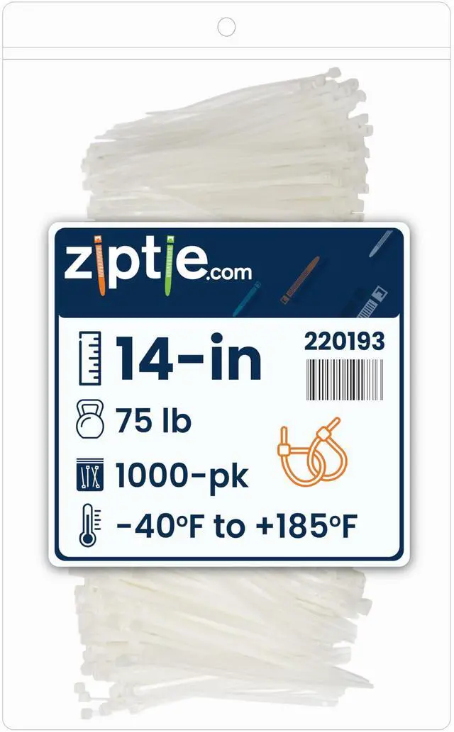 Main image of 14-Inch Natural Nylon Multi-Purpose Zip Ties - 75-lb Tensile Strength Cord Management - UL 21S Listed Tie Wraps - Indoor Multi-Purpose (1000-Pack)