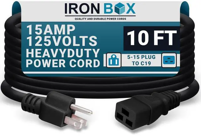 Main image of IronBox Electric - Heavy Duty 5-15P to C19 Power Cord - 15A, 125V, 14/3 SJT Jacket - Computer Power Supply Extension Cords - PSU Wire Connectors - Versatile for Home and Office Use(Black, 10 Foot)