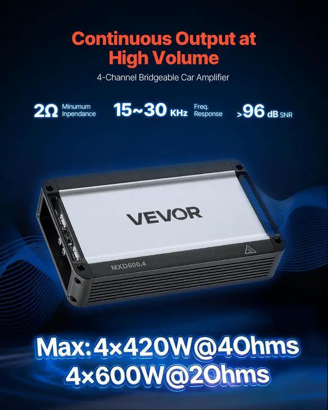 Alt view image 2 of 7 - 4 Channel Car Audio Amplifier 2 Ohm Stable Bridgeable Class D Full Range Amp Max Power 4 x 420W @ 4 Ohm / 4 x 600W @ 2 Ohm for Car SUV Truck Off-Road