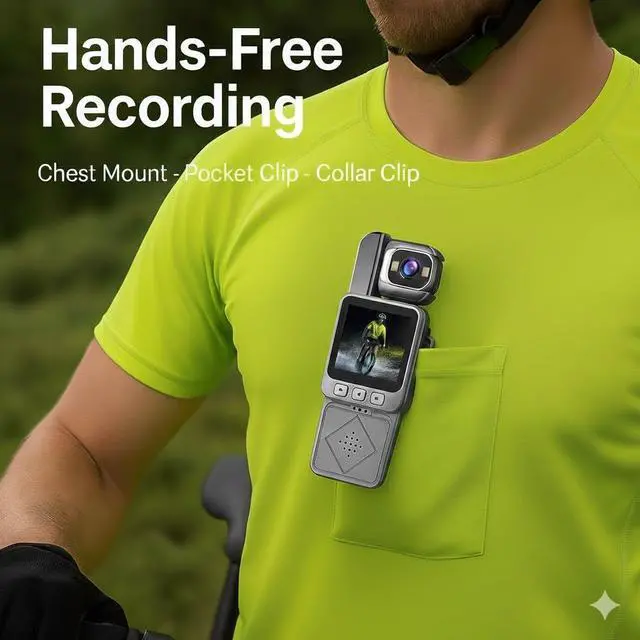 Alt view image 3 of 7 - Mini Clip-On Body Camera 1080P with 360° Rotating Lens, Wearable Recording Camera with WiFi, LCD Screen & 64GB Card