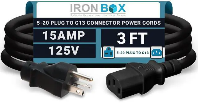 Main image of IronBox Electric NEMA 5-20 Plug to C13 Connector Power Cords, 15A, 125V, 14/3 SJT Jacket - Power Supply Replacement Cable - UL Listed Heavy Duty Cord for Computer, PDU, Monitor & More (3ft, Molded)