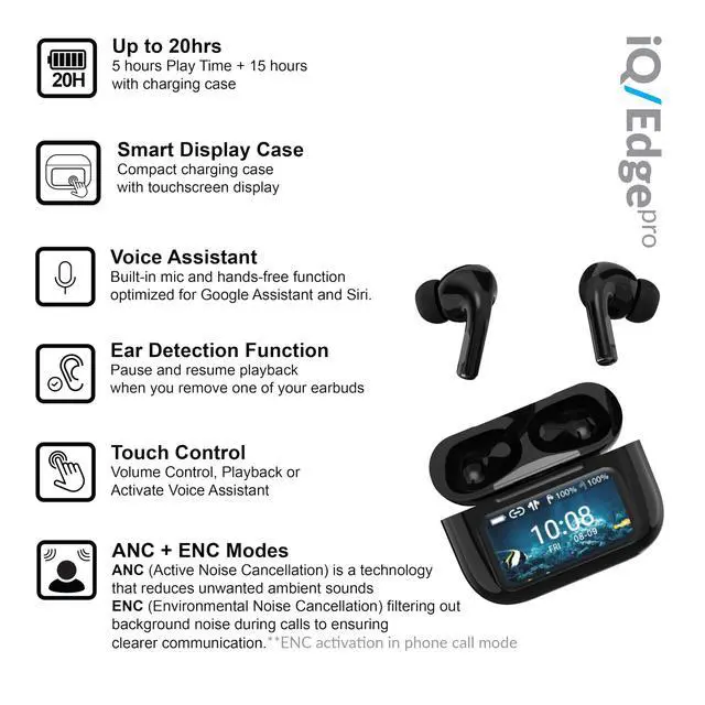 Alt view image 2 of 7 - IQ Sound IQ-341 ANC & ENC Bluetooth Earphone with Touchscreen Display Charging Case, True Wireless Earbuds, Stereo Sound, Dual Mic, Voice Assistant, In-Ear Detection, USB-C Charging (Black)