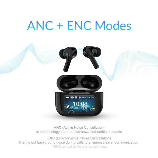 Alt view image 5 of 7 - IQ Sound IQ-341 ANC & ENC Bluetooth Earphone with Touchscreen Display Charging Case, True Wireless Earbuds, Stereo Sound, Dual Mic, Voice Assistant, In-Ear Detection, USB-C Charging (Black)