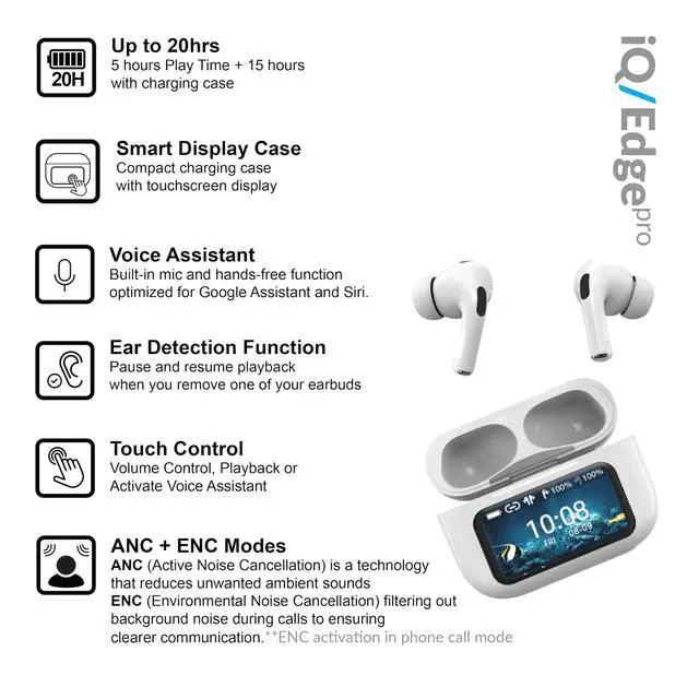 Alt view image 2 of 7 - IQ Sound IQ-341 ANC & ENC Bluetooth Earphone with Touchscreen Display Charging Case, True Wireless Earbuds, Stereo Sound, Dual Mic, Voice Assistant, In-Ear Detection, USB-C Charging (White)