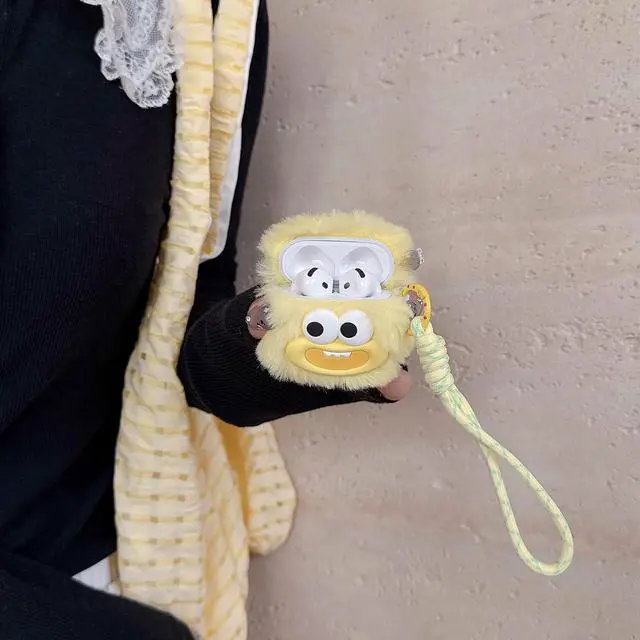 Alt view image 4 of 7 - Funny Ugly Doll Case for AirPods Pro/Pro 2, Kawaii Weird 3D Cartoon Plush Protective Cover with Keychain for Girls Women Teens, Compatible with AirPods Pro 2nd 1st Generation 2023/2022/2019 - Yellow