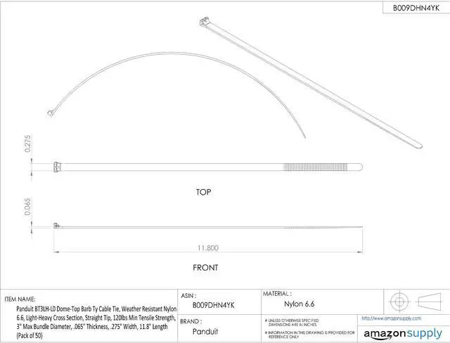 Alt view image 2 of 2 - BT3LH-L0 Cable Tie, Metal Barb, Light-Heavy, Weather Resistant Nylon 6.6, 11.8-Inch Length, Black (50-Pack)