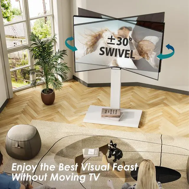 Alt view image 3 of 7 - Floor TV Stand with 60 Degree Swivel for 32-65 Inch TVs, White | Iron Base TV Mount with Height Adjustable, Corner TV Stand with Wire Management for Bedroom, Living Room, Holds up to 88lb