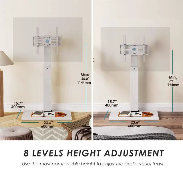 Alt view image 4 of 7 - Floor TV Stand with 60 Degree Swivel for 32-65 Inch TVs, White | Iron Base TV Mount with Height Adjustable, Corner TV Stand with Wire Management for Bedroom, Living Room, Holds up to 88lb