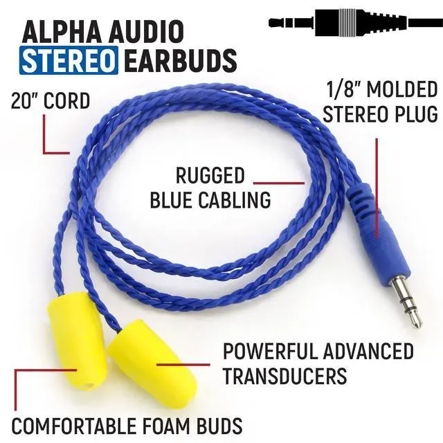 Alt view image 3 of 3 - AlphaBud Foam Stereo Earbud Speakers with 1/8" Molded Plug | Clear Stereo Racing Audio with Miniature Transducers, 20-Inch Blue Cable, and 1/8" Molded Plug