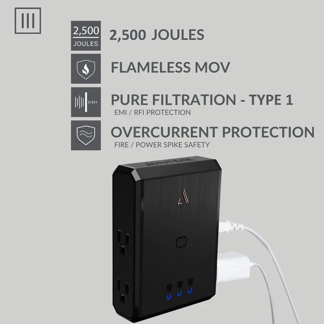 Alt view image 3 of 7 - III Series Wall Power 4 Outlet Surge Protector, 2500 Joules EMI/RFI Filtering, Flameless MOV, Overcurrent Protection, SmartFit Outlets, 4 Year Component