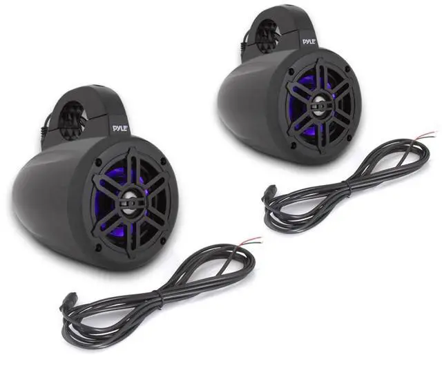 Main image of Waterproof Marine Wakeboard Tower Speakers - 4 Inch Dual Subwoofer Speaker Set w/LED Lights & Bluetooth for Wireless Music Streaming - Boat Audio System w/Mounting Clamps PLMRLEWB47BB