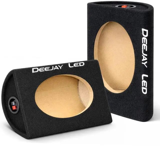 Main image of 6x9 Speaker Box Enclosures (Pair), Curved Rear Design, MDF Wood with Heavy-Duty Black Carpet, Quick Release Terminals, Universal Fit for Trucks and SUVs