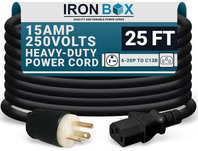 Main image of IronBox Electric - NEMA 6-20P Plug to IEC C13 Power Cord - 15A/250V, 14/3 AWG - UL Listed Heavy Duty Power Cord - Replacement Cords for Monitor, Computer, Printer, Audio Speaker & More (25ft, Build)