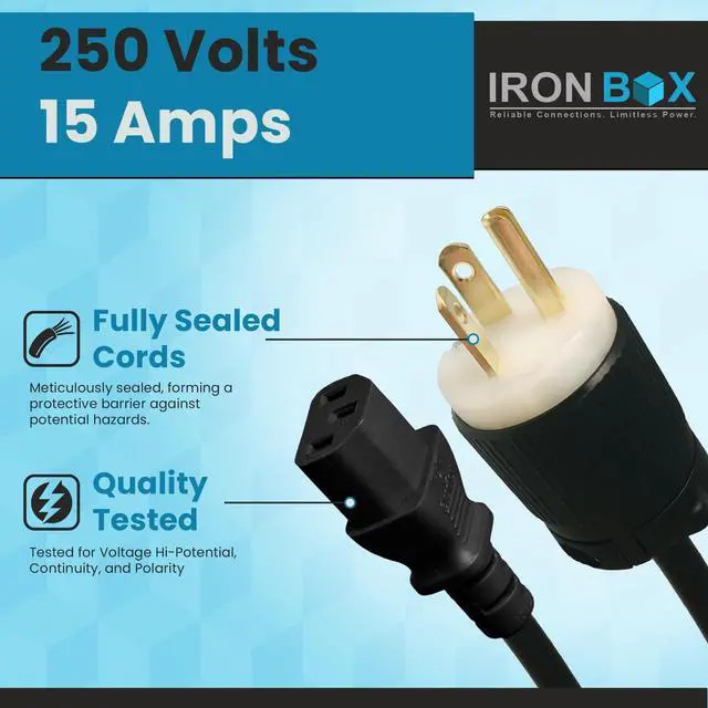 Alt view image 3 of 7 - IronBox Electric - NEMA 6-20P Plug to IEC C13 Power Cord - 15A/250V, 14/3 AWG - UL Listed Heavy Duty Power Cord - Replacement Cords for Monitor, Computer, Printer, Audio Speaker & More (8ft, Build)