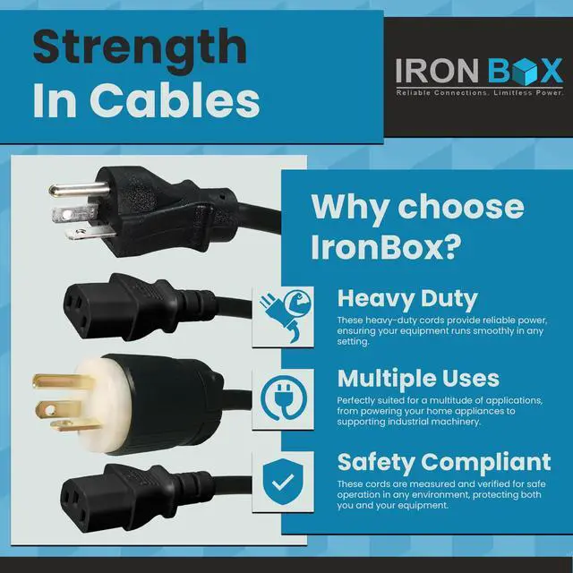 Alt view image 5 of 7 - IronBox Electric - NEMA 6-20P Plug to IEC C13 Power Cord - 15A/250V, 14/3 AWG - UL Listed Heavy Duty Power Cord - Replacement Cords for Monitor, Computer, Printer, Audio Speaker & More (8ft, Build)