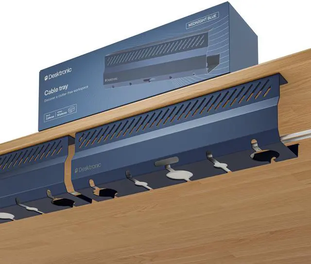 Main image of Cable Duct Desk Blue Set of 2 - Stainless Steel Cable Management Desk Cable Duct with 5 Cable Cut-Outs - Easy to Install Cable Organiser - Cable Holder