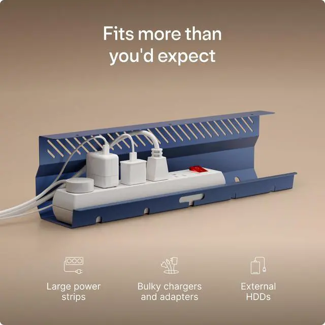 Alt view image 3 of 7 - Cable Duct Desk Blue Set of 2 - Stainless Steel Cable Management Desk Cable Duct with 5 Cable Cut-Outs - Easy to Install Cable Organiser - Cable Holder
