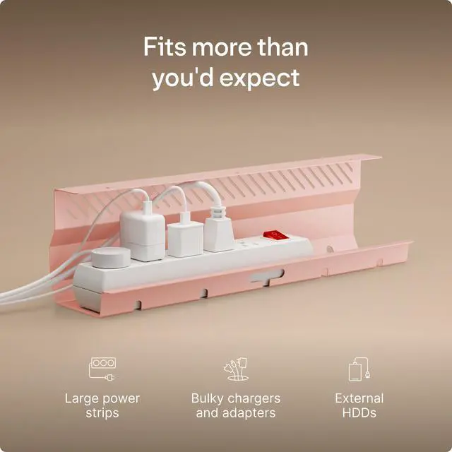 Alt view image 3 of 7 - Cable Duct Desk Pink Set of 2 - Stainless Steel Cable Management Desk Cable Duct with 5 Cable Cut-Outs - Easy to Install Cable Organiser - Cable Holder
