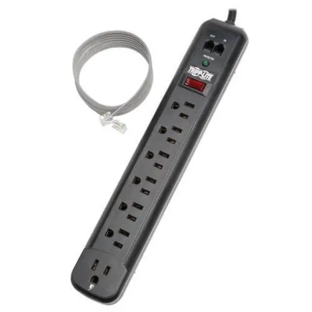 Alt view image 3 of 7 - 7 Outlet (6 Right Angle 1 Transformer) Surge Protector Power Strip, 6ft Cord, Tel/Modem, & $50K Insurance (TLP76RBTEL), Black