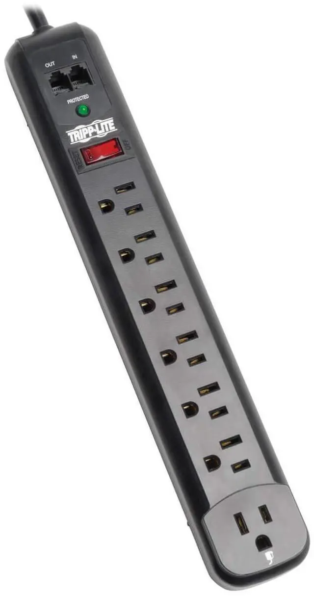 Main image of 7 Outlet (6 Right Angle 1 Transformer) Surge Protector Power Strip, 6ft Cord, Tel/Modem, & $50K Insurance (TLP76RBTEL), Black