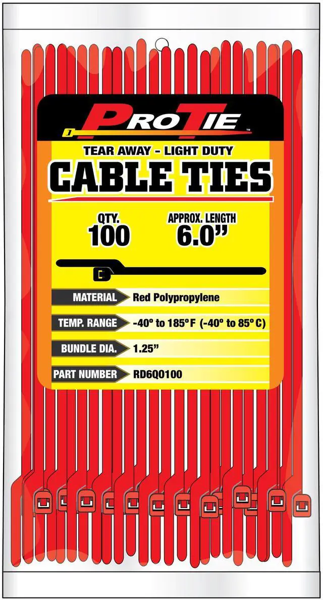 Main image of Pro Tie RD6QO100 5.5-Inch Quik Off Tear Away Cable Tie, Red Polypropylene, 100-Pack