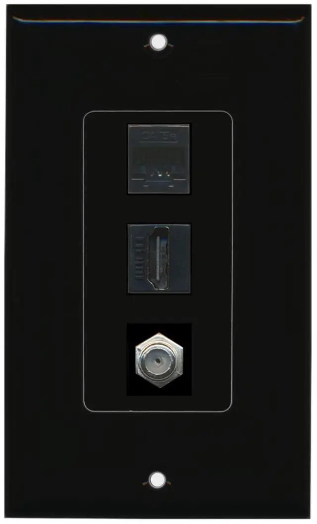 Main image of 1 Port HDMI 1 Port Coax Cable TV- F-Type 1 Port Cat5e Ethernet Wall Plate Black