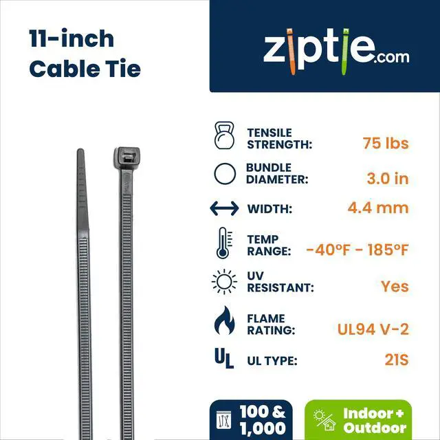 Alt view image 2 of 7 - 11-inch Multi-Purpose Zip Tie, 75-lb Tensile Strength, UL 21S Listed (1000, Black)