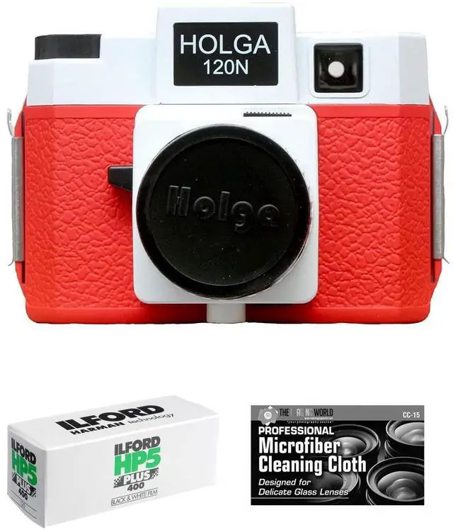Main image of Holga 120N Medium Format Film Camera (Red/White) with Ilford HP5 120 Film Bundle and Microfiber Cloth