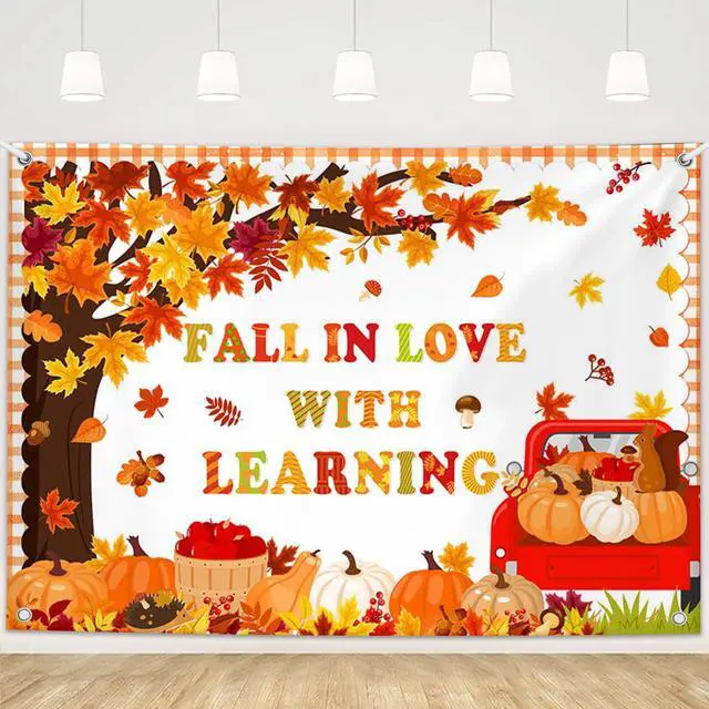 Main image of 7x5ft Fall in Love with Learning Backdrop Autumn Thanksgiving Maple Leaves Fall Kids Students Classroom Elementary Library Decorations Banner Wallpaper Photo Booth Props
