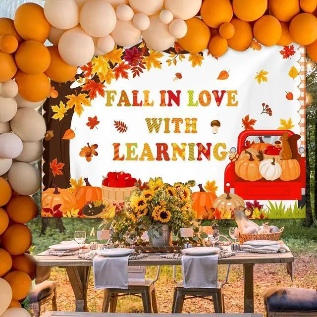 Alt view image 2 of 5 - 7x5ft Fall in Love with Learning Backdrop Autumn Thanksgiving Maple Leaves Fall Kids Students Classroom Elementary Library Decorations Banner Wallpaper Photo Booth Props