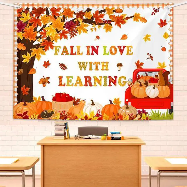 Alt view image 3 of 5 - 7x5ft Fall in Love with Learning Backdrop Autumn Thanksgiving Maple Leaves Fall Kids Students Classroom Elementary Library Decorations Banner Wallpaper Photo Booth Props