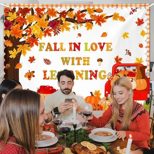 Alt view image 4 of 5 - 7x5ft Fall in Love with Learning Backdrop Autumn Thanksgiving Maple Leaves Fall Kids Students Classroom Elementary Library Decorations Banner Wallpaper Photo Booth Props