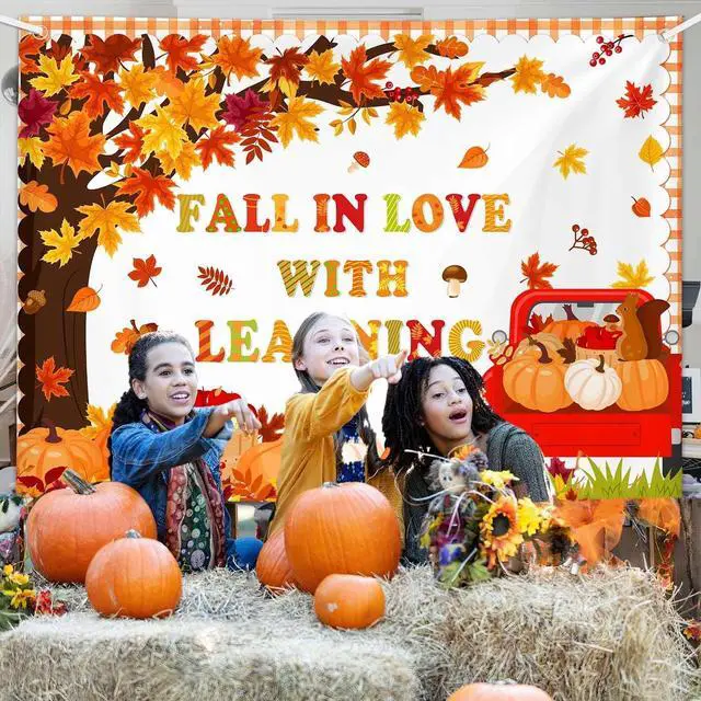 Alt view image 5 of 5 - 7x5ft Fall in Love with Learning Backdrop Autumn Thanksgiving Maple Leaves Fall Kids Students Classroom Elementary Library Decorations Banner Wallpaper Photo Booth Props