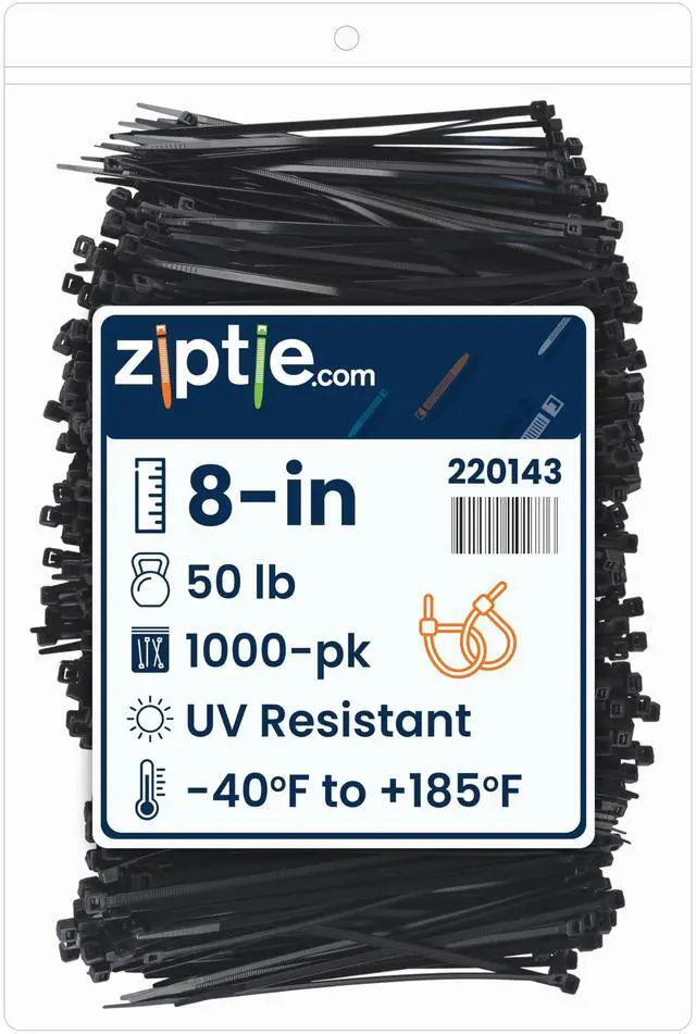 Main image of 8-Inch Black Nylon Multi-Purpose Zip Ties - 50-lb Tensile Strength Cord Management - UL 21S Listed Tie Wraps - UV Resistant, Indoor & Outdoor Multi-Purpose (1000-Pack)